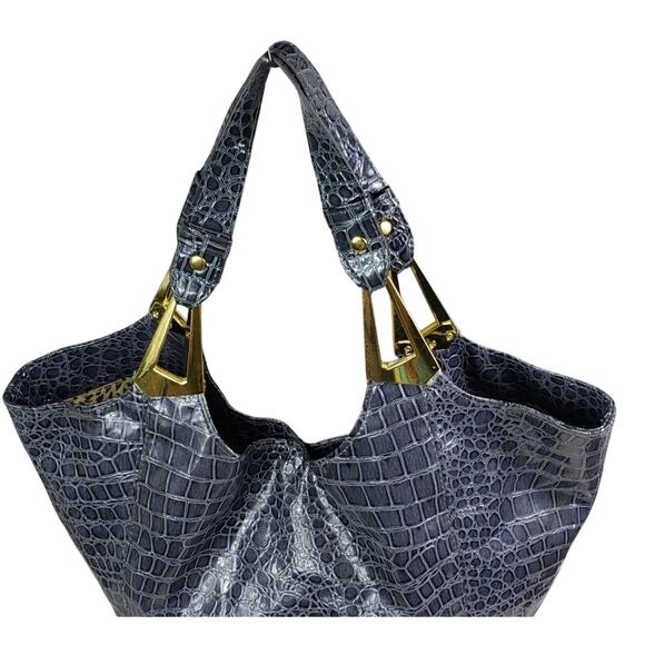 Braciano Gray Patent Croc-Embossed Tote Bag Gold Hardware | Large Glam Carryall - Picture 8 of 13